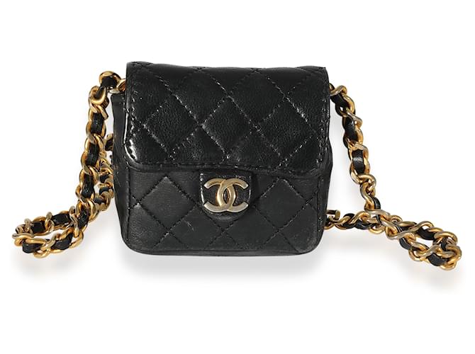 Timeless Chanel Vintage schwarz gesteppte Lammleder Micro Flap Bag  ref.667541