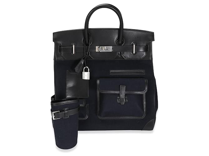 Hermès Hermes Bleu Marine Toile & Black Box Calf Cargo Hac 40 Phw
