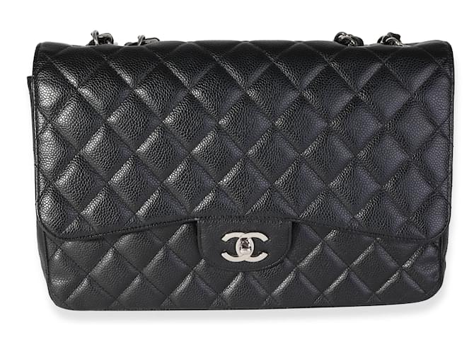 Timeless Chanel Black Quilted Caviar Jumbo Classic Single Flap Bag Negro Cuero  ref.667667