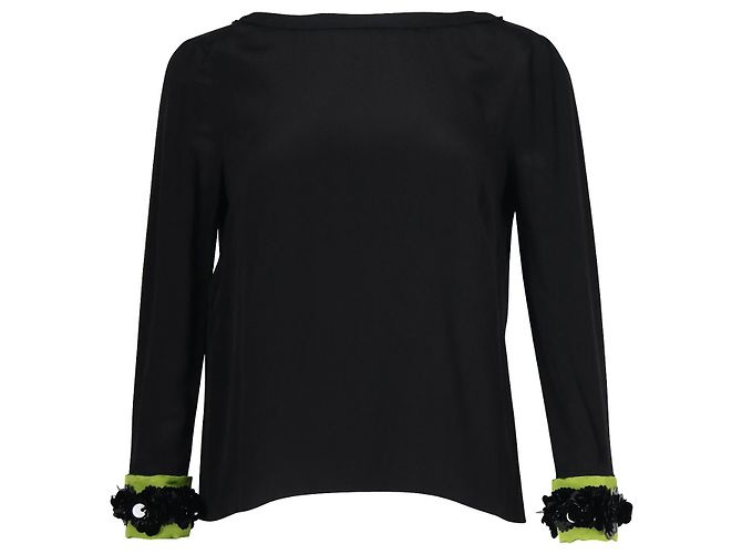 Prada – Verzierte Manschettenbluse aus schwarzer Seide