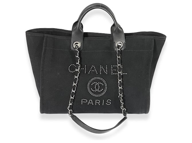 Grand sac cabas Deauville en toile noire Chanel  ref.667766