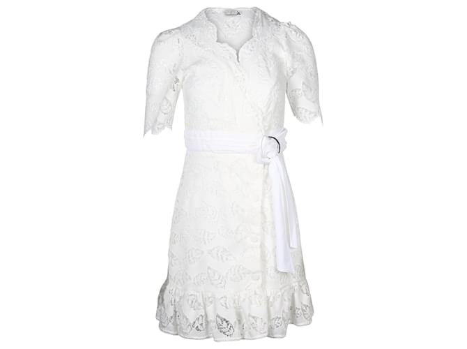 Sandro Paris Zany Gathered Broderie Anglaise Mini Wrap Dress in White Polyester  ref.667976
