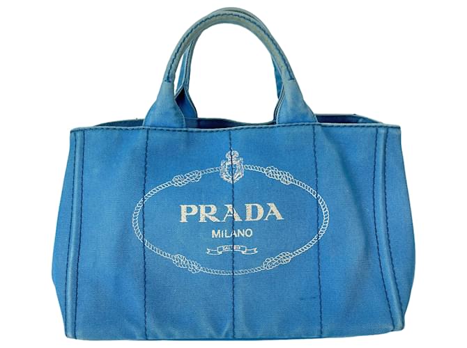 Tote Prada Blau bedruckte Canapa-Tasche aus Segeltuch Leinwand  ref.668484