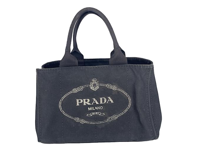 Tote Prada Canapa-Tasche aus schwarzem, bedrucktem Segeltuch Leinwand  ref.668700