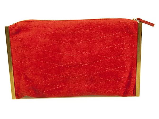 Lanvin Red Suede w. Gold Tone Metal Sides Diamond Stitch clutch Bag Handbag  ref.669094