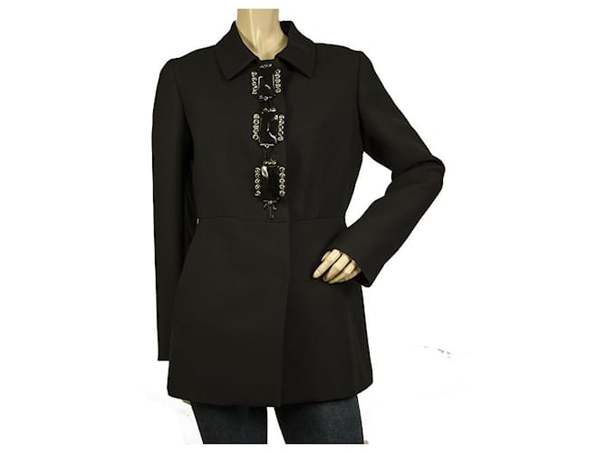 Prada Mujer Black Wool & Silk w. Chaqueta tipo americana con cristales y cuentas de joyas grandes 42 Negro Lana  ref.669101