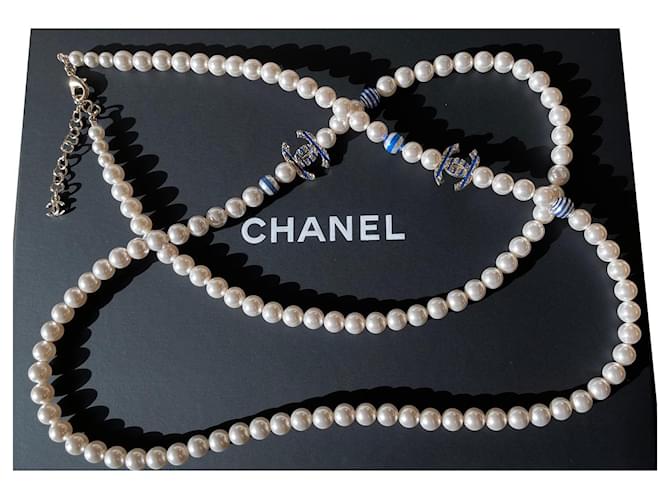 Collar largo de perlas de cristal blanco de una hilera de Chanel Vidrio  ref.669361