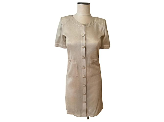 Chanel Beige/Gold Front Buttons Jersey Dress Golden Polyester  ref.669363
