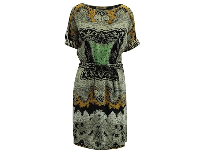 Etro Paisley Print Belted Dress in Multicolor Silk-Satin Multiple colors  ref.669513