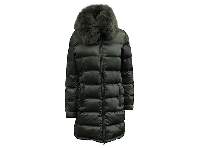 Manteau matelassé Prada avec capuche bordée de fourrure en polyamide gris Nylon  ref.669524