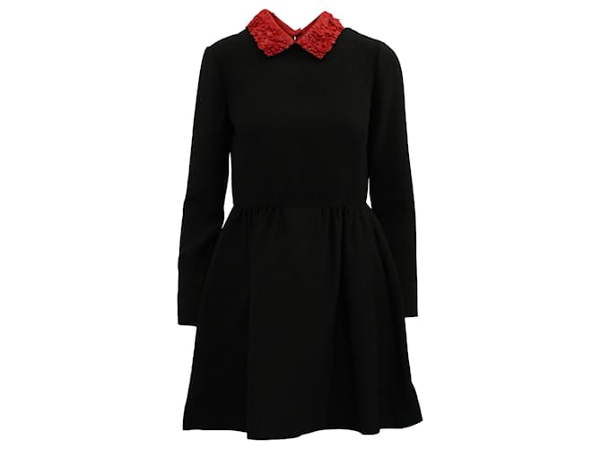 Vestido con cuello floral Valentino en lana negra Negro  ref.669541