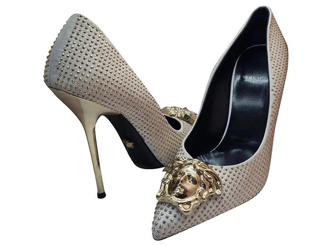 Versace White/Gold Leather Studded Medusa
