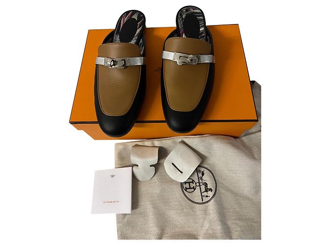 Hermès Mulas Hermes Oz Marrom Preto Prata Conhaque Hardware prateado