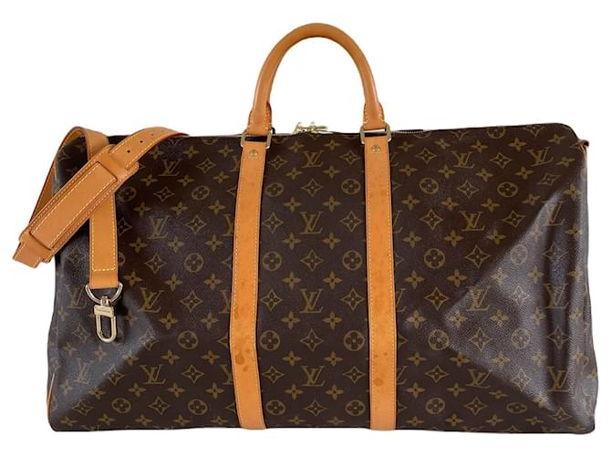 Louis Vuitton Keepall 55 bandolera bolsa de fin de semana bolsa de viaje monograma Castaño Cuero Lienzo  ref.670418
