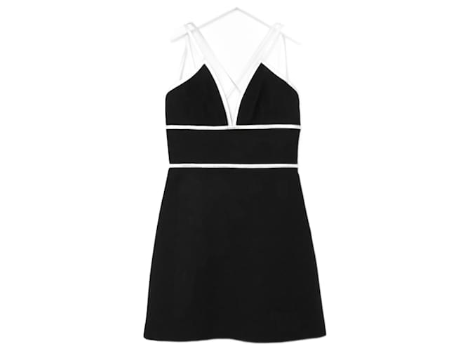 Prada AW14 Vestido corto con ribete de cuero Negro Seda Lana  -  Joli Closet