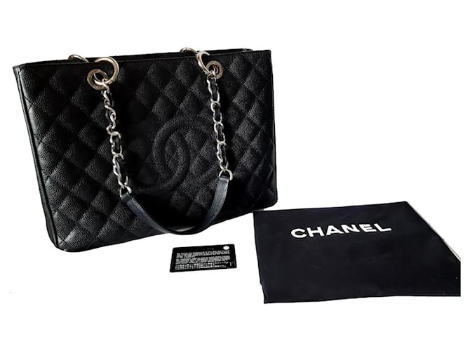 Chanel Grand shopper silver hardware Black Leather  ref.670877