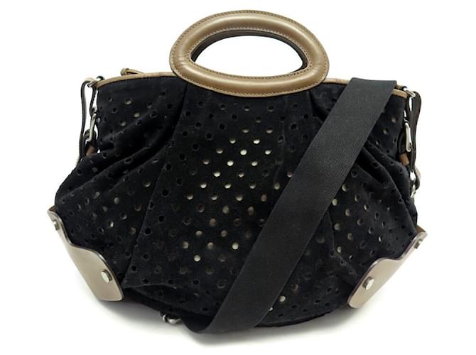 MARNI HANDBAG IN BROWN LEATHER & BLACK SUEDE PERFORATED BANDOULIERE PERFORATED PURSE  ref.671068