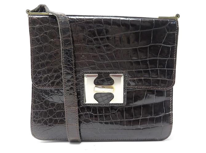 Autre Marque VINTAGE HANDBAG WITH FLAP H BUCKLE CLASP IN CROCODILE LEATHER HAND BAG PURSE Brown Exotic leather  ref.671150