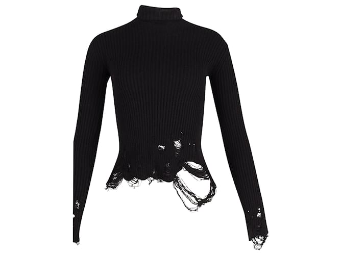Balenciaga Distressed Ribbed Knit Turtleneck Sweater in Black Wool