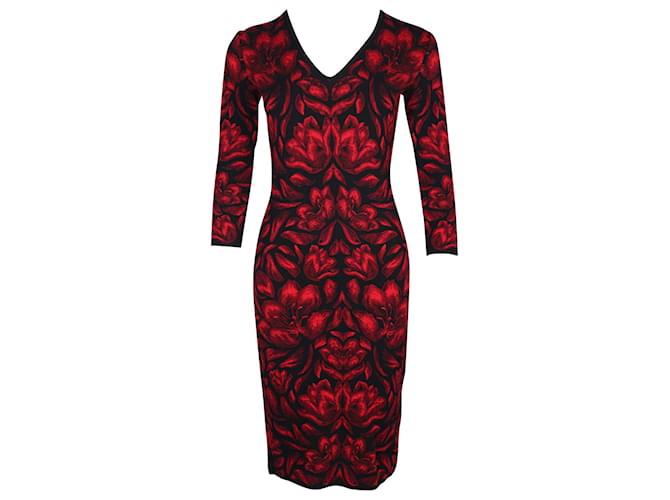 Alexander Mcqueen Floral Bodycon Midi Dress in Red Viscose Cellulose fibre  ref.671681