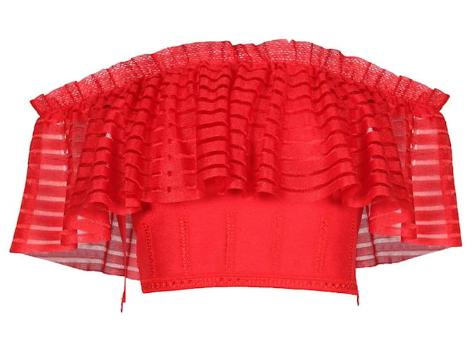 Alexander McQueen Ruffled Off-The-Shoulder Cropped Top in Red Viscose Cellulose fibre  ref.671766
