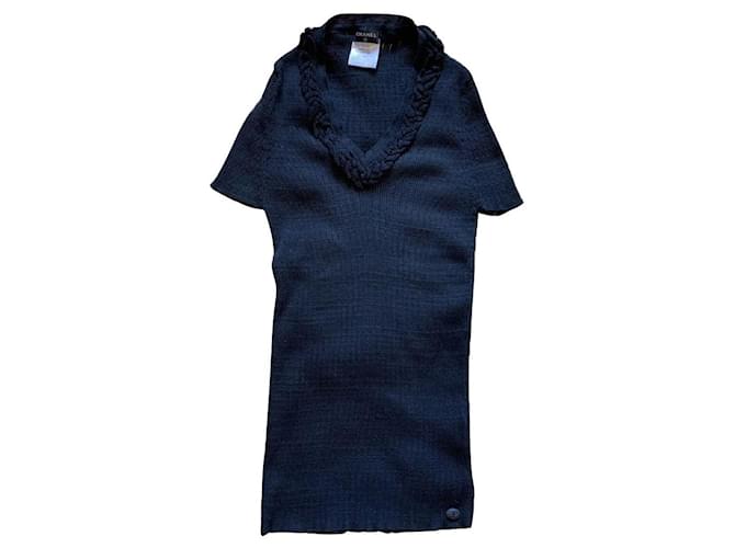 * CHANEL Chanel short sleeve sweater size 40 black lady's V neck tops cotton Nylon  ref.672074