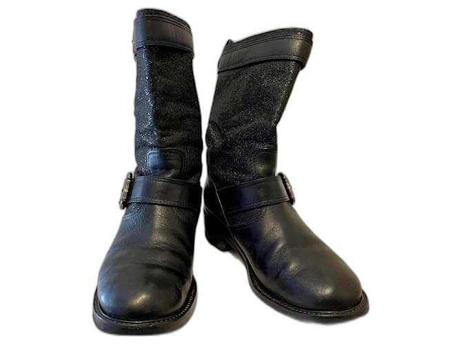 Giuseppe Zanotti Zanotti leather biker boots with glitter Black Metallic  ref.672170