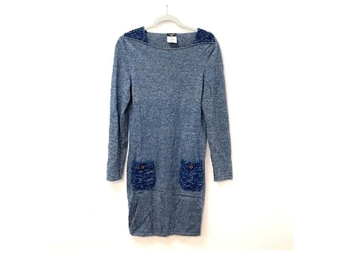 * CHANEL CC here button square neck long sleeve knit dress cashmere ladies blue  ref.672762