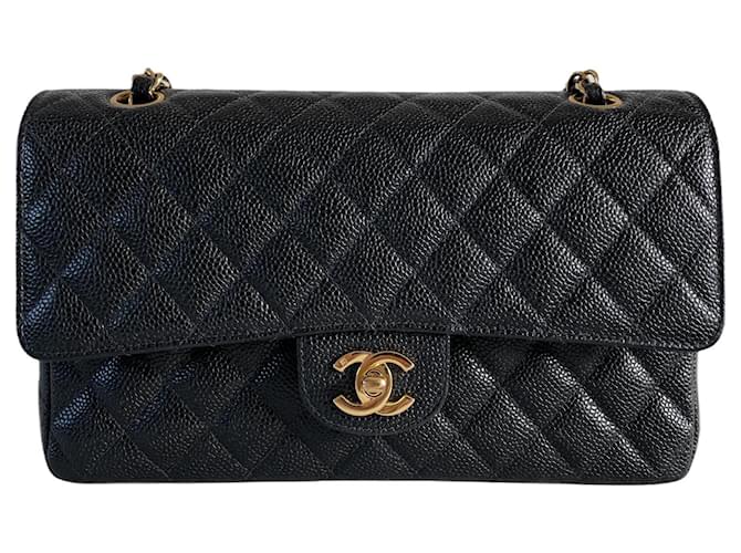 Chanel classique rabat doublé moyen caviar or matériel intemporel noir vintage Cuir  ref.673724