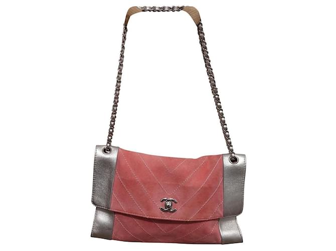 2.55 Chanel Tasche Silber Pink Leder Wildleder  ref.673836