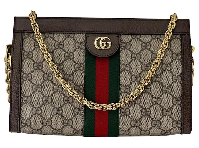 GUCCI GG Supreme Ophidia Small Monogram Web Brown Shoulder Clutch Bag Preowned Leather  ref.673929