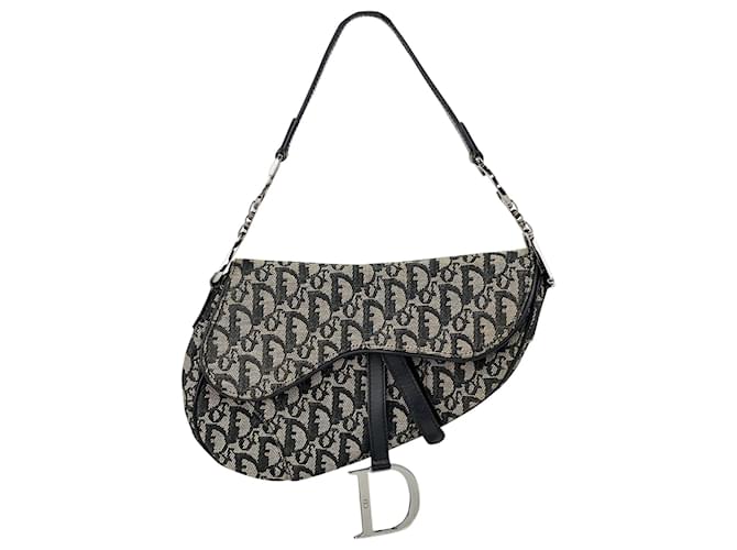 Christian Dior Borsa a mano con sella obliqua Borsa a mano in tela beige nera Autentica di proprietà Nero Pelle  ref.673943