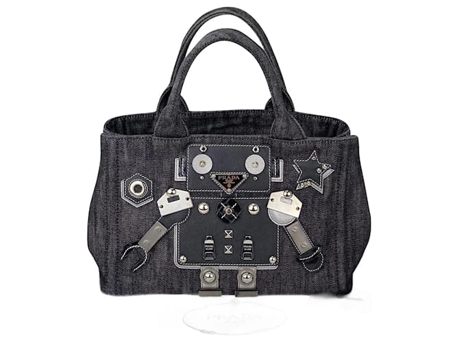 PRADA Canapa Robot Black Silver Denim Saffiano Leather Womens Tote Bag Pre owned Silvery Metallic  ref.673959