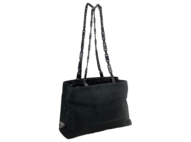 Prada Tessuto nylon tote with chain type strap Shoulder Bag pre owned Black Leather  ref.673965
