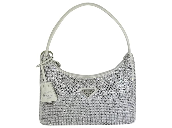 Prada Hand Bag Re Edition 2000 Satin White Mini-Bag with Crystals Bag New Cream  ref.673970