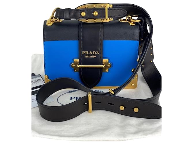 PRADA Cahier Ville 1BD045 Sac à bandoulière Saffiano en cuir de veau bleu/noir Occasion  ref.674015