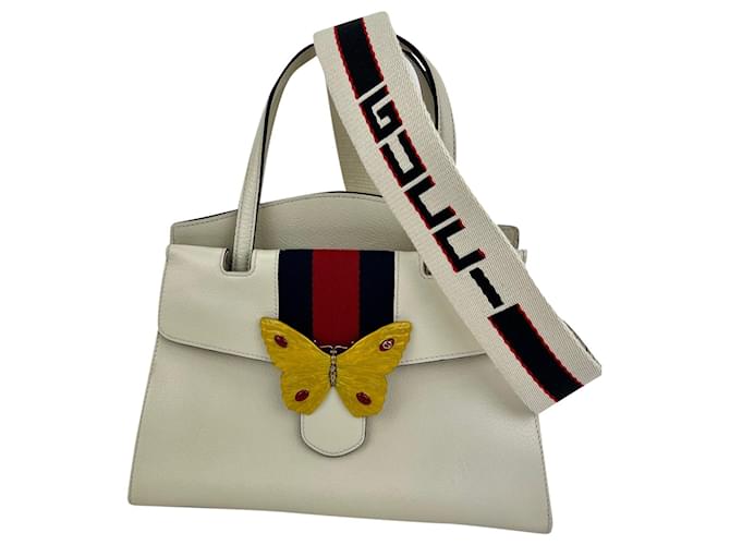 GUCCI Linea Medium Totem Web Stripped Yellow Butterfly Top Handle Bag Preowned White Leather  ref.674038