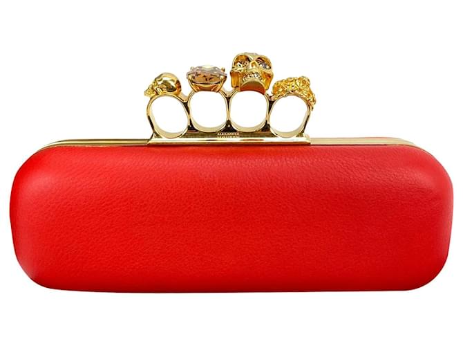 Alexander McQueen skull 4 Rings Knuckle Clutch Red Leather  ref.674062