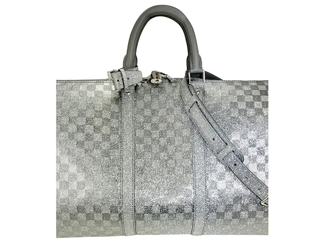 Louis Vuitton Keepall Bandouliere 50B Duffle Bag mit Damier-Muster in Silber mit Glitzer NEU Metallisch  ref.674104