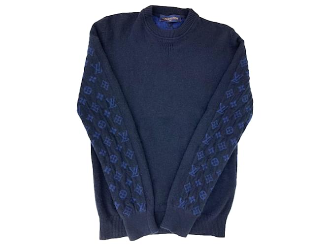 Louis Vuitton Pullover Herren Navy Monogramm Rundhals Kaschmirpullover Größe S gebraucht Blau Marineblau Wolle  ref.674117