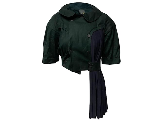 Fendi Double Breasted Cropped Parka with Pleated Detail in Green Virgin Wool  ref.674125
