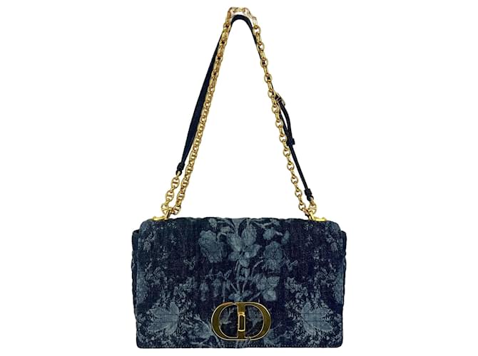Christian Dior HandBag Large Caro Cannage Quilt Blue Dior Flowers Denim Bag Preowned Leather  ref.674130