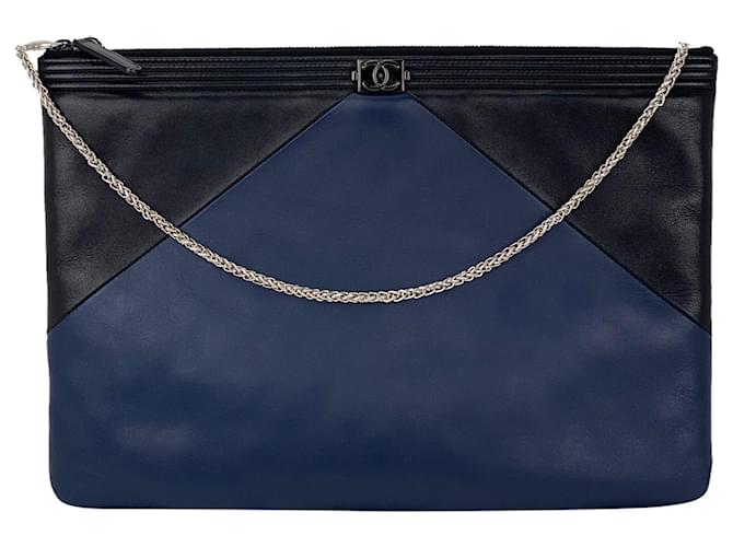 Chanel Quilted Lambskin Leather Black Blue Large Boy Zip Pouch Added Chain Pre owned  ref.674198
