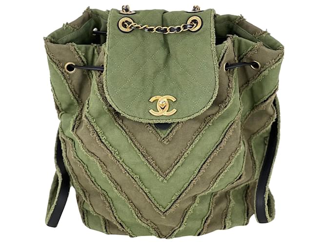 CHANEL Backpack Canvas Chevron Cuba Patchwork Khaki Green Backpack Preowned Cloth  ref.674199