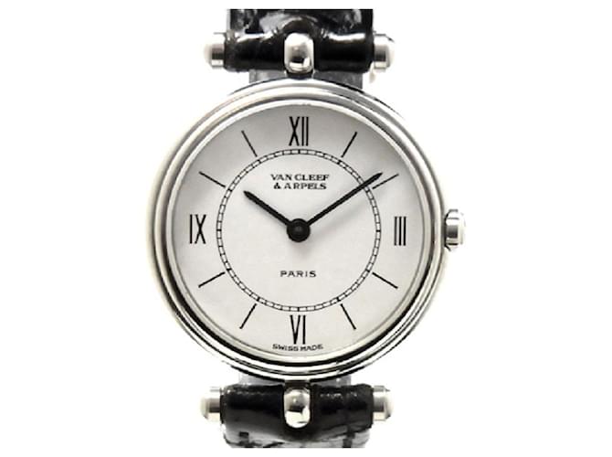*VAN CLEEF & ARPELS - Relógio Feminino Clássico Redondo Branco Mostrador SS/Quartzo de Couro Aço  ref.674537