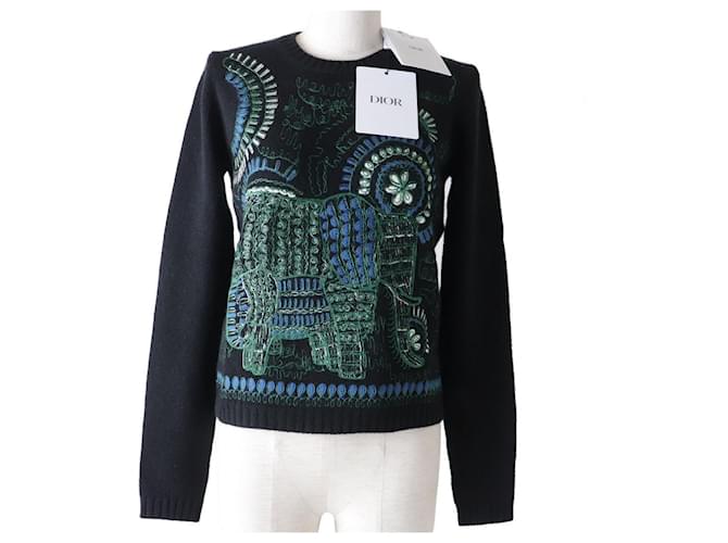 *Christian Dior 20SS DIOR VIERA Diseño Africano Elefante Bordado Manga Larga 100% Punto de Cachemira / Suéter Negro Multicolor  ref.674575