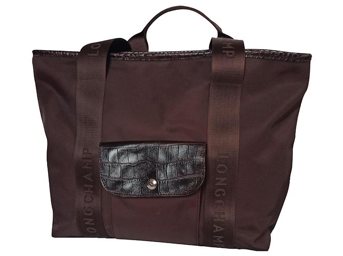 Longchamp Canvas Tragetasche mit Krokodilleder Optik Dunkelbraun