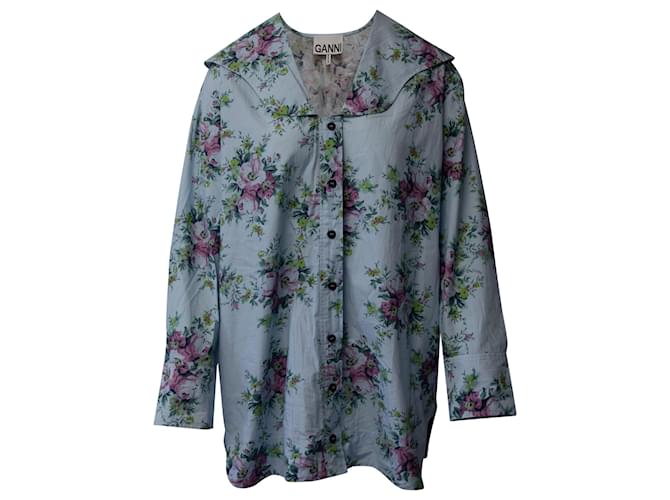 Ganni Popeline-Hemd mit Blumenmuster aus hellblauer Bio-Baumwolle  ref.675495