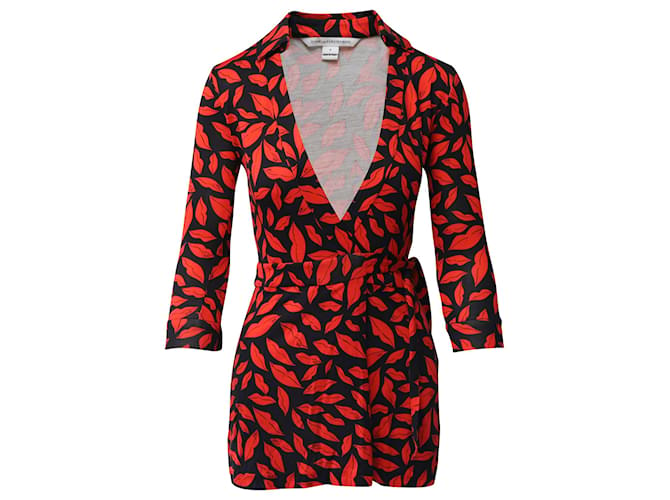 Diane Von Furstenberg Lips Print Wrap Short Jumpsuit in Red and Black Silk   ref.675505