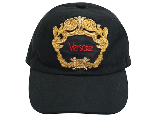 Cappello ricamato Versace Blasone Baroque in cotone nero  ref.675508